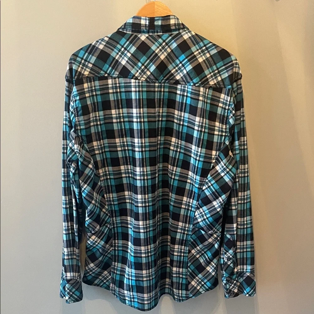 Buckle Black Mens Button Plaid Shirt in black, white and teal size XL